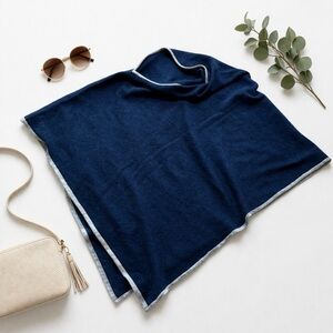 Captiva Cashmere Wrap Poncho 100% Cashmere Navy Blue Tipped in Ecru Grey OS